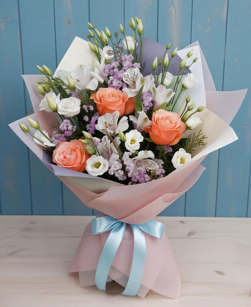 Букет цветов из: Лизиантусы, Розы, Альстромерии и Гипсофила в Старобалтачево