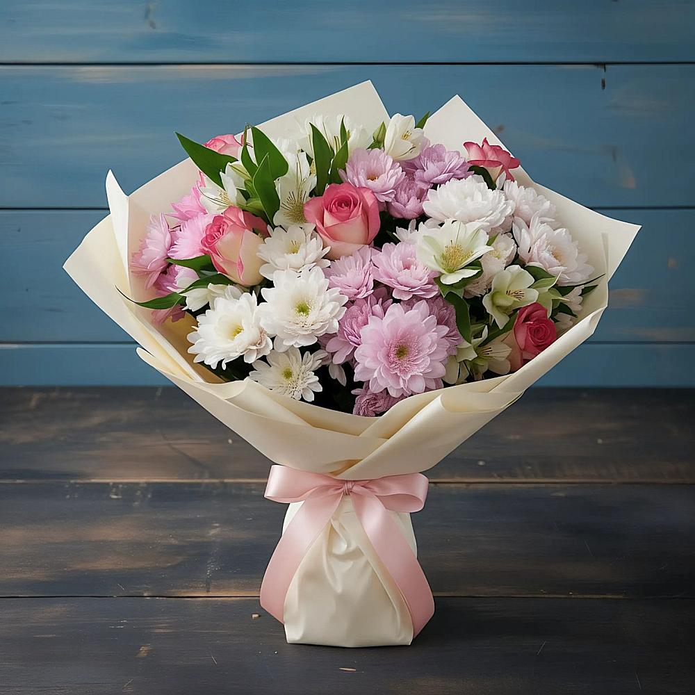 Букет цветов из: Хризантемы, Альстромерии и Розы в Старобалтачево